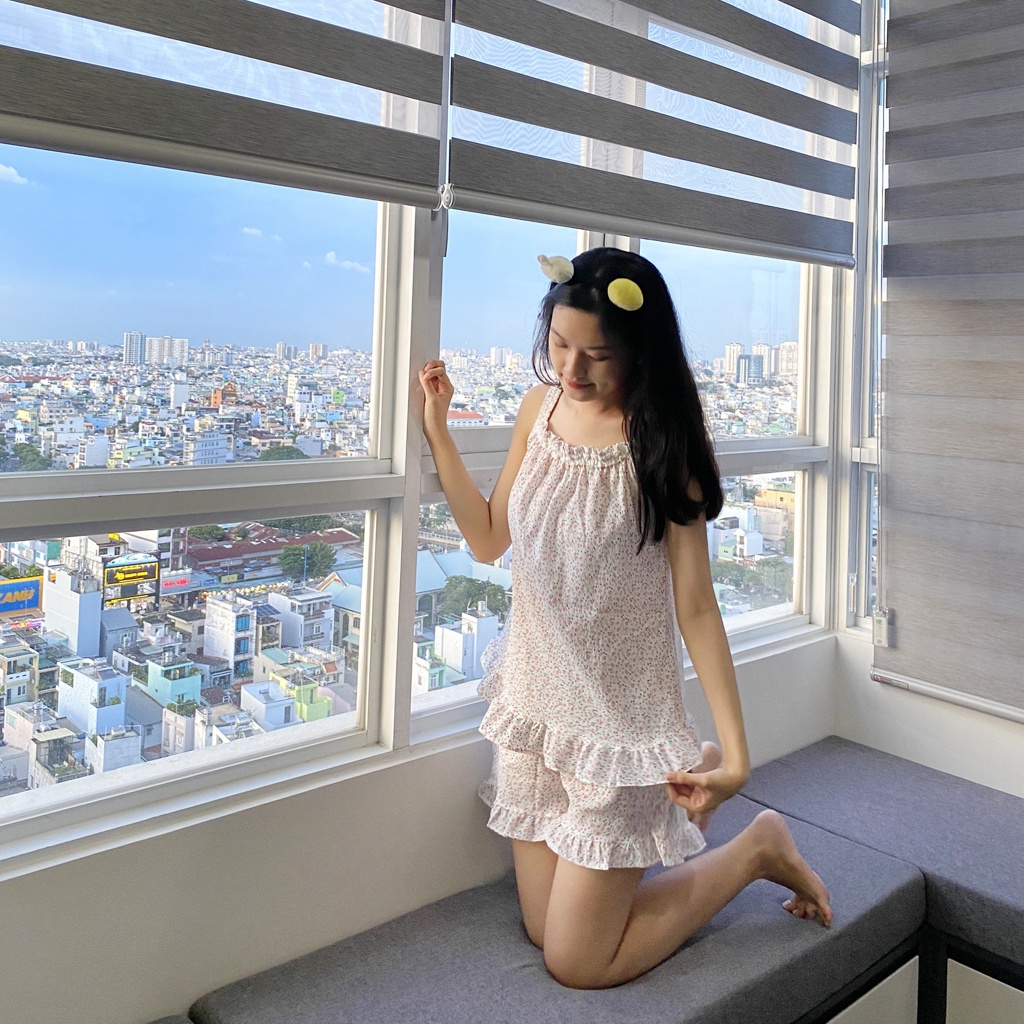 Đồ ngủ nữ mặc nhà 2 dây chất vải xốp gạo hoa nhí dễ thương bộ đùi size M-L-XL mẫu thiết kế của shop