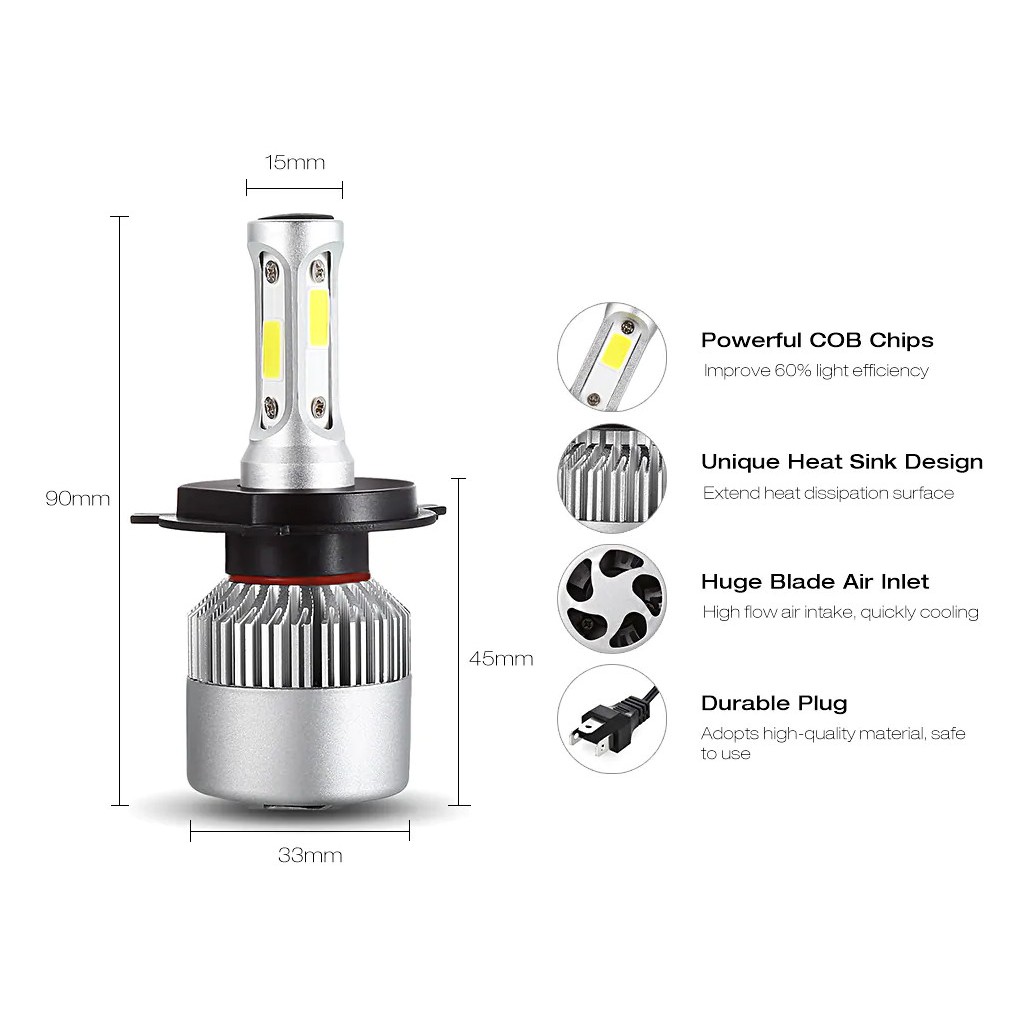 Đèn Led Headlight S2 siêu sáng Ô tô, xe máy (Bộ 2 đèn - Chân đèn H4) - Home and Garden