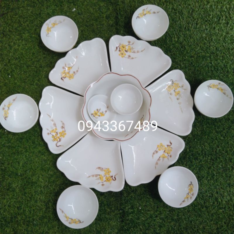 Bộ bát đĩa hoa mặt trời vẽ mai vàng, ĐK48cm.Cỡ vừa. Hàng sứ Bát Tràng