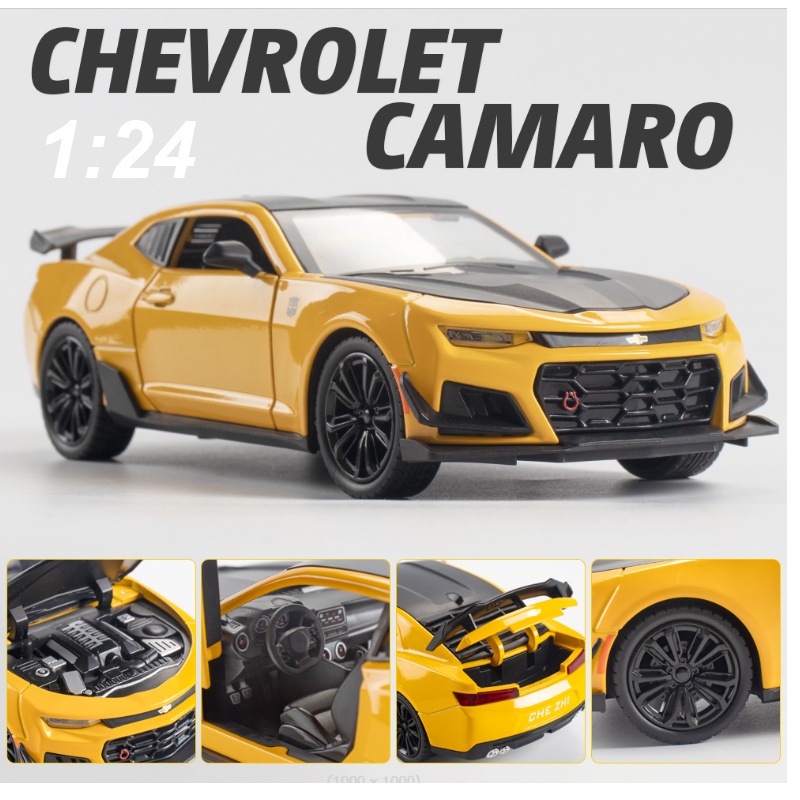 Xe mô hình ô tô đồ chơi trẻ em Chevrolet Camaro tỉ lệ 1:24 bằng kim loại xe có âm thanh và đèn mở được cử