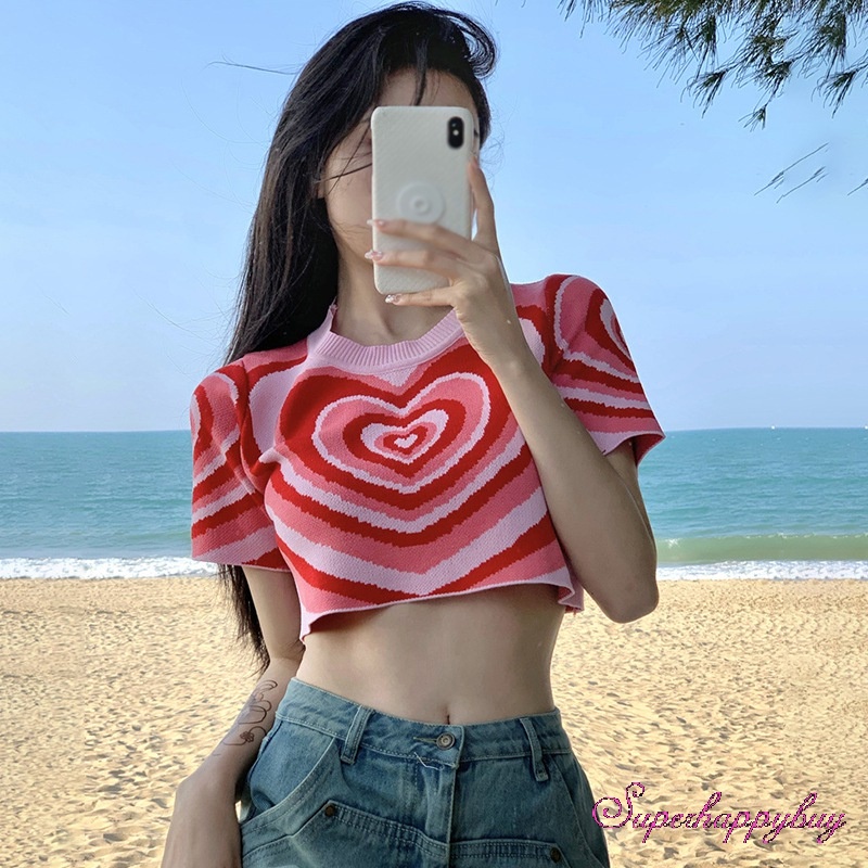 Áo Thun Dệt Kim Tay Ngắn Cổ Tròn In Hình Trái Tim Thời Trang Cho Nữ