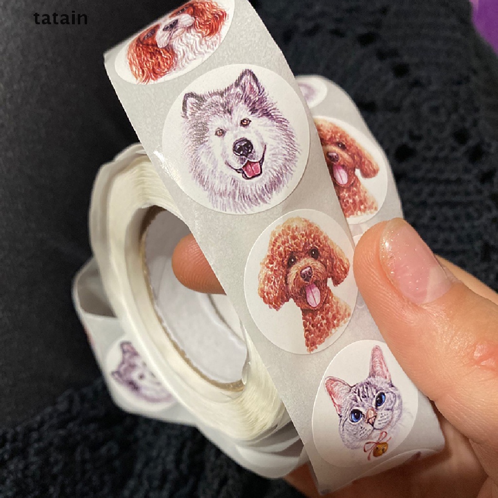 Cuộn sticker dán 500 miếng in hình chó mèo dành cho văn phòng phẩm