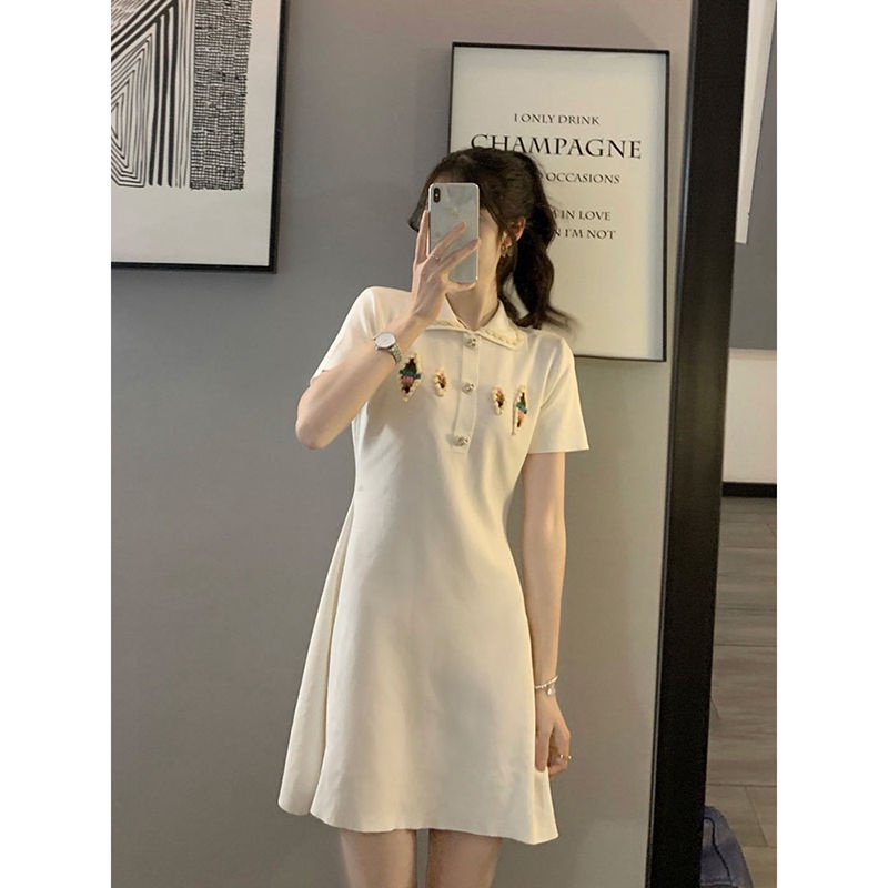 Chic design advanced vintage heavy industry light luxury polo collar knitted jumpsuit dress 2022 women's summer bgSO