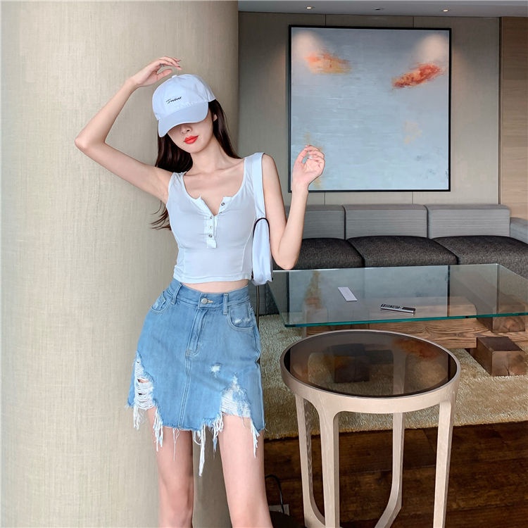 COZOK Chân váy jean Lưng Cao Phối Rách Hợp Thời Trang Cho Nữ