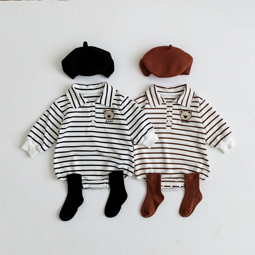 Áo Liền Quần Dài Tay Kẻ Sọc Thêu Hình Gấu Dễ Thương Cho Bé