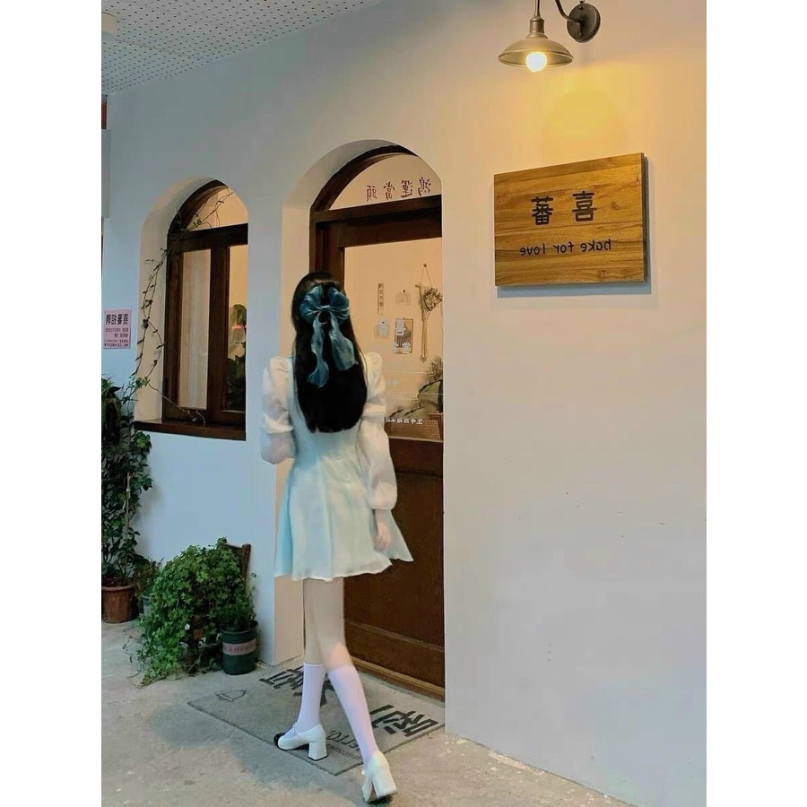 Ảnh thật đầm ngắn nữ xanh dương nhẹ nhàng cổ peter trắng tay voan tiểu thư Kawaii Mise