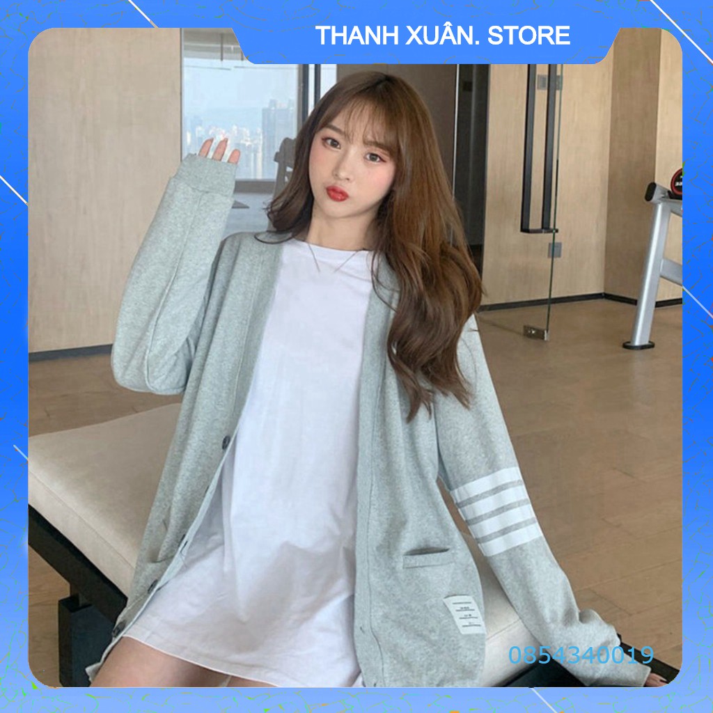 ÁO CADIGAN XÁM ĐEN SỌC NGANG CHO NỮ - ÁO KHOÁC LEN NỈ TAY DÀI CỔ CHỮ V KẺ VIỀN TRẮNG 👗 💝 - TXShop