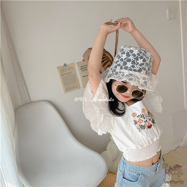 Áo Kiểu Tay Ngắn Phối Ren Hoa Dành Cho Bé Gái