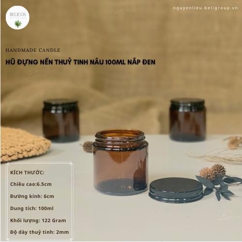 Hũ đựng nến thơm 100ml thuỷ tinh nâu nắp đen - Cốc đựng nến cao cấp
