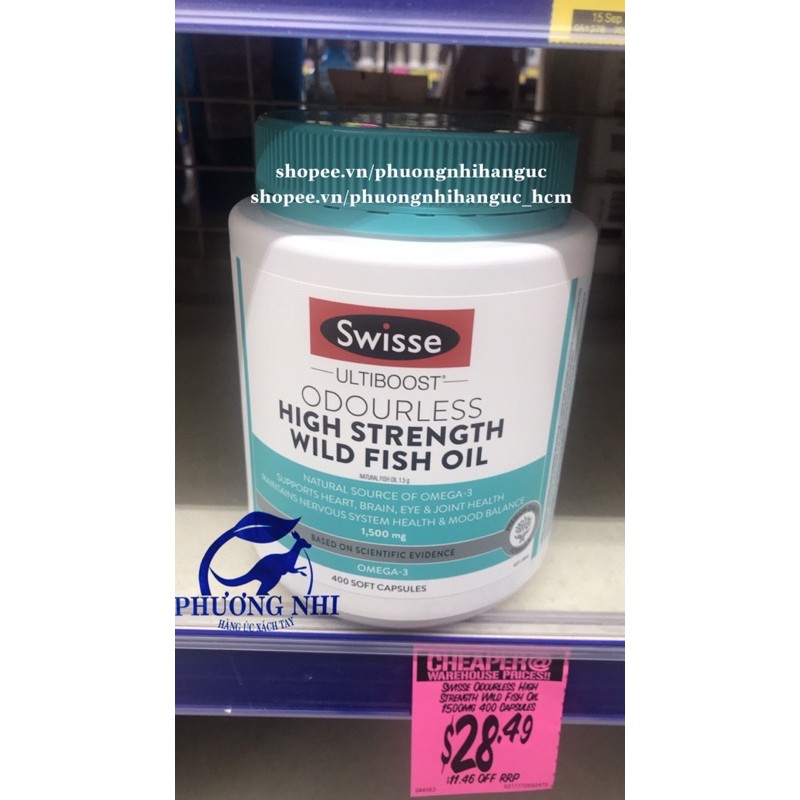 DẦU CÁ KHÔNG MÙI SWISSE ODOURLESS HIGH STRENGT WILD FISH OIL 1500mg 400 VIÊN