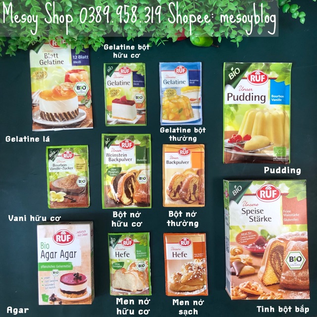 [Ruf] Gelatine/ Bột nở/ Men nở/ Agar/ Pudding/ Tinh bột bắp hữu cơ Ruf