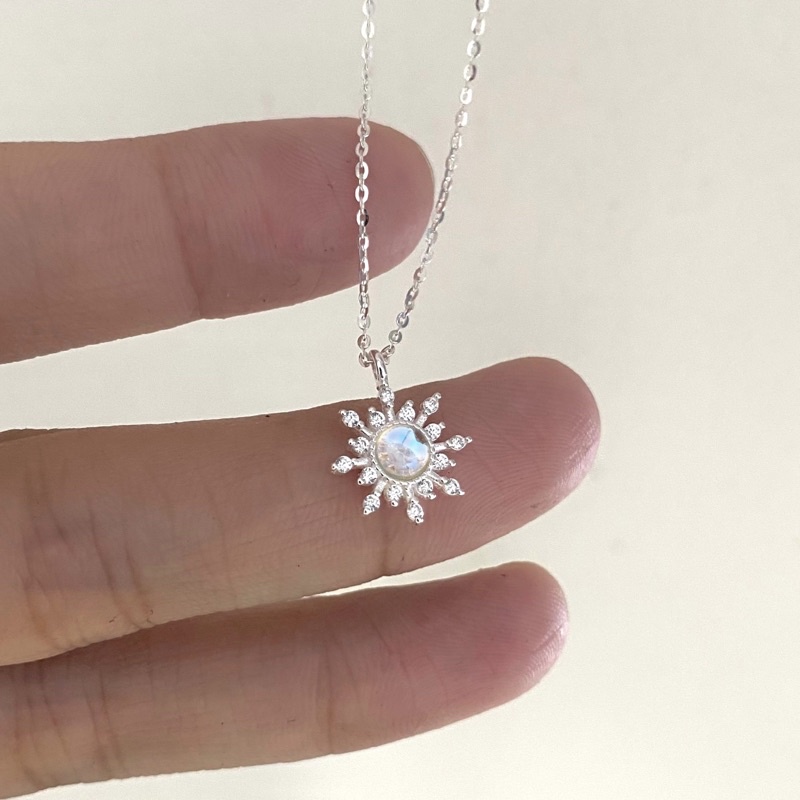 Dây Chuyền Bạc Nữ Hình Hoa Tuyết Đá Moonstone Nhận Tạo 100% Bạc Ý S925 Cao Cấp, Dây Chuyền Đá Xanh Hoa Tuyết