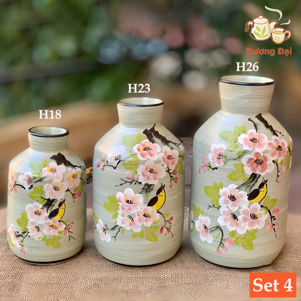 Set 3 lọ hoa vẽ hoa đào đông Gốm Sứ Bát Tràng Đương Đại - Trang Trí, Decor Nhà Cửa