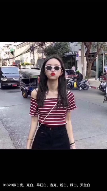 Áo trễ vai kẻ mã 407