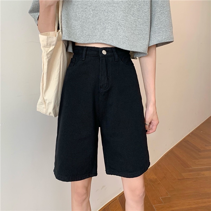 (Sẵn) Quần jeans đen lửng ống suông rộng cạp cao nữ đơn giản dành cho nữ
