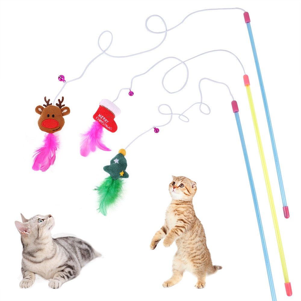 Gậy Trêu Mèo Hình Ông Già Noel / Tuần Lộc Phối Lông Vũ Xinh Xắn