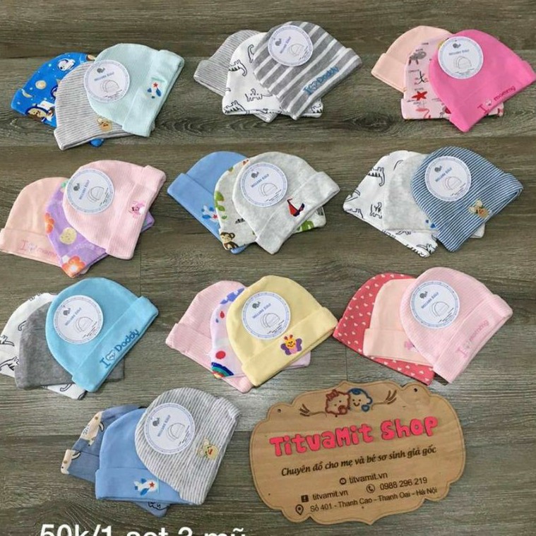 Set 3 chiếc mũ nỉ cotton 2 lớp thu đông momy cho 0-12 Tháng