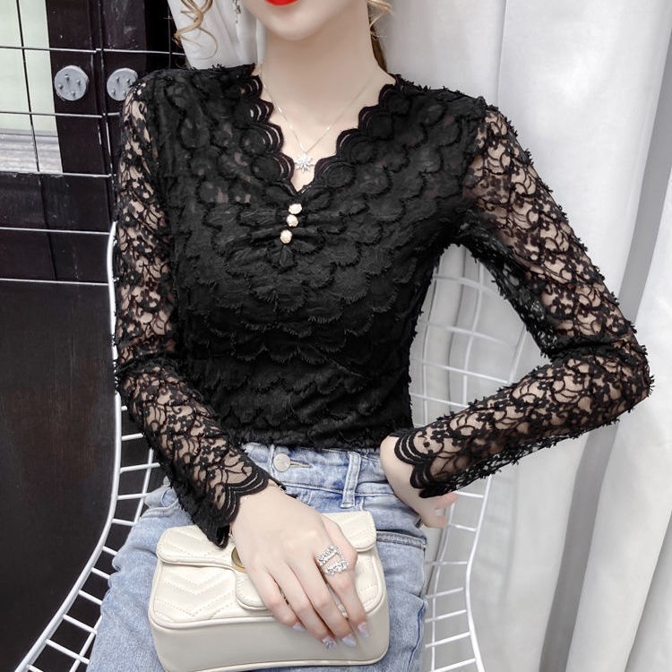 Áo Ren Lưới Tay Dài Cổ Chữ V Thời Trang Quyến Rũ Cho Nữ