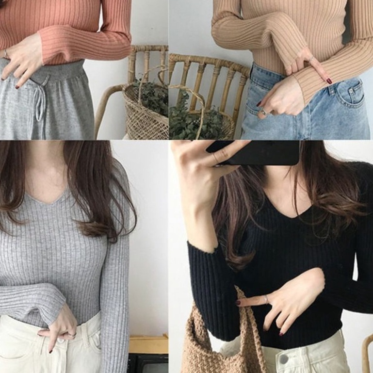 [ÁO CỔ TIM] Áo Len Tăm Tay Dài Ôm Dáng Siêu Mềm Hàng Quảng Châu ❤ Áo Len Lông Cừu Cổ Tim Mềm Mại Cao Cấp