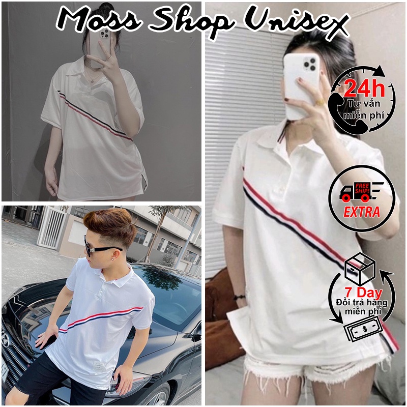 Áo polo nam nữ Thom họa tiết sọc chéo MOSSSHOP - Áo phông cổ bẻ unisex phong cách hàn quốc ulzzang form rộng 65kg