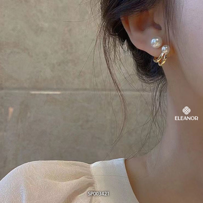 Bông tai nữ chuôi bạc 925 Eleanor Accessories viền chữ C ngọc trai nhân tạo phụ kiện trang sức 3421