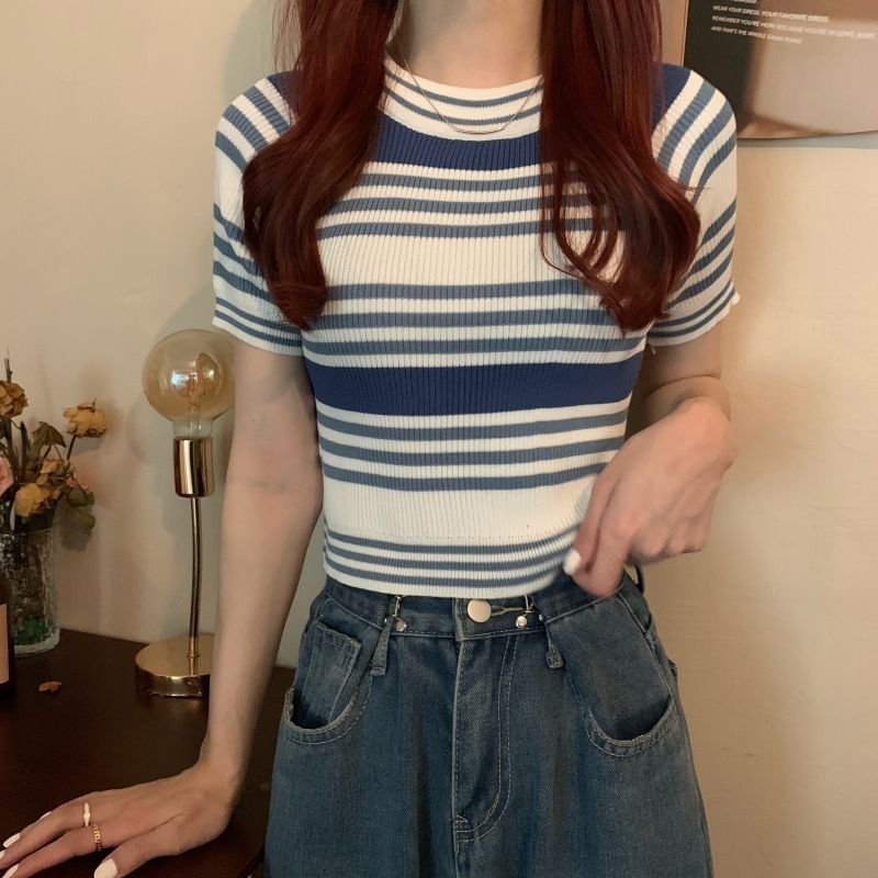 Áo thun ZHELIHANGFEI dệt kim tay ngắn cổ tròn họa tiết kẻ sọc trẻ trung thời trang