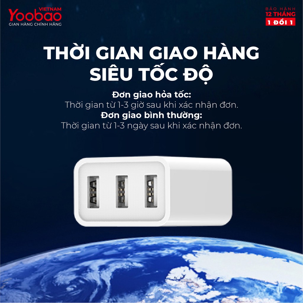 Củ sạc 3 cổng USB Yoobao Y-723 Sạc nhanh dòng 3.4A Chân dẹt kiểu EU - Hãng chính thức - Bảo hành 12 tháng 1 đổi 1