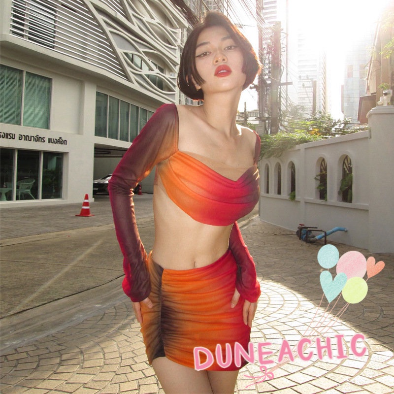 Set Áo Thun Lửng Tay Dài Nhuộm Màu Phối Chân Váy Xếp Ly Lưng Cao Thời Trang 2 Món Phong Cách Trẻ Trung Cho Nữ