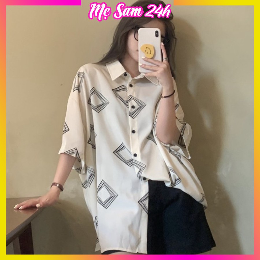 Áo sơ mi nữ form rộng tay lỡ freesize Mẹ Sam 24h, chất liệu đũi mềm mát, họa tiết in hình Ô Vuông Đen Trắng