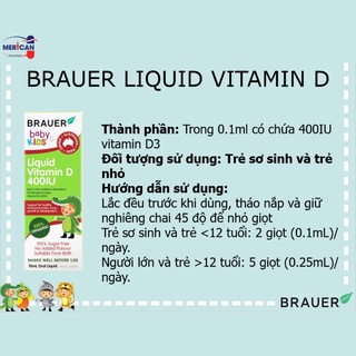 Vitamin D3 Brauer cho bé drop Vitamin D 400IU dạng lỏng cho trẻ em 10ml