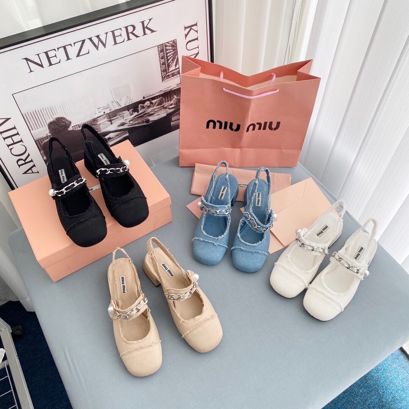 Giày nữ gót cao 4cm/7cm quai đính ngọc tr mẫu mới 2022 thương hiệu MiuMiu cao cấp