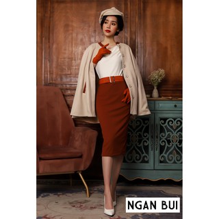 Set áo khoác choàng và chân váy vintage, thiết kế cao cấp, hai lớp. màu be và nâu