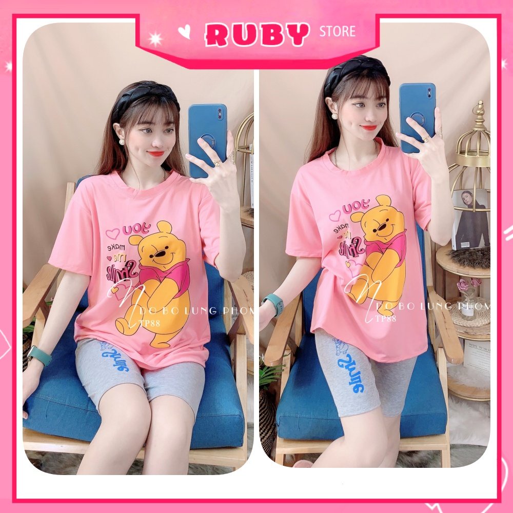 Đồ bộ thun lửng phom to cho nữ mặc nhà chất thun mềm mát in hình gấu hoạt hình dễ thương TP88