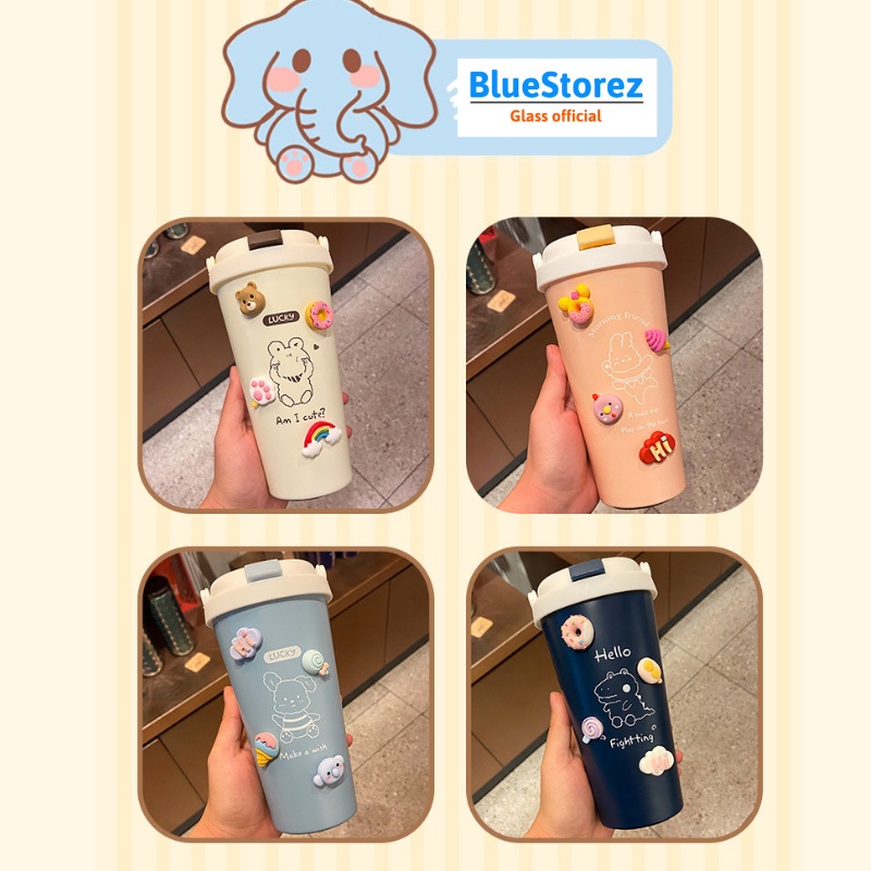 Cốc giữ nhiệt cute 500ml có ống hút, Ly đựng nước giữ nhiệt cầm tay, Bình giữ nhiệt mini kèm sticker + dây
