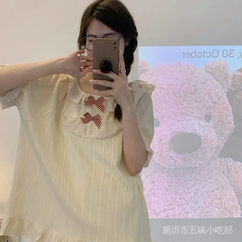Bộ Đồ Ngủ Tay Ngắn Phối Ren Phong Cách Nhật Bản Dễ Thương Thời Trang Mùa Hè Cho Nữ