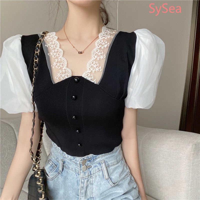 Áo Croptop Phối Ren Thời Trang Mùa Hè Pháp Quyến Rũ Cho Nữ