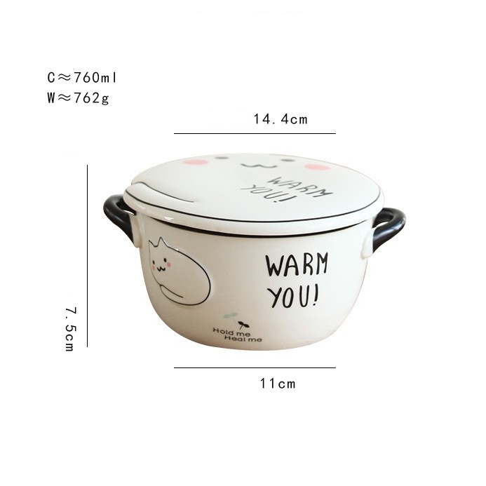 Bộ tô sứ Mèo Warm You kèm dĩa muỗng màu trắng cao cấp