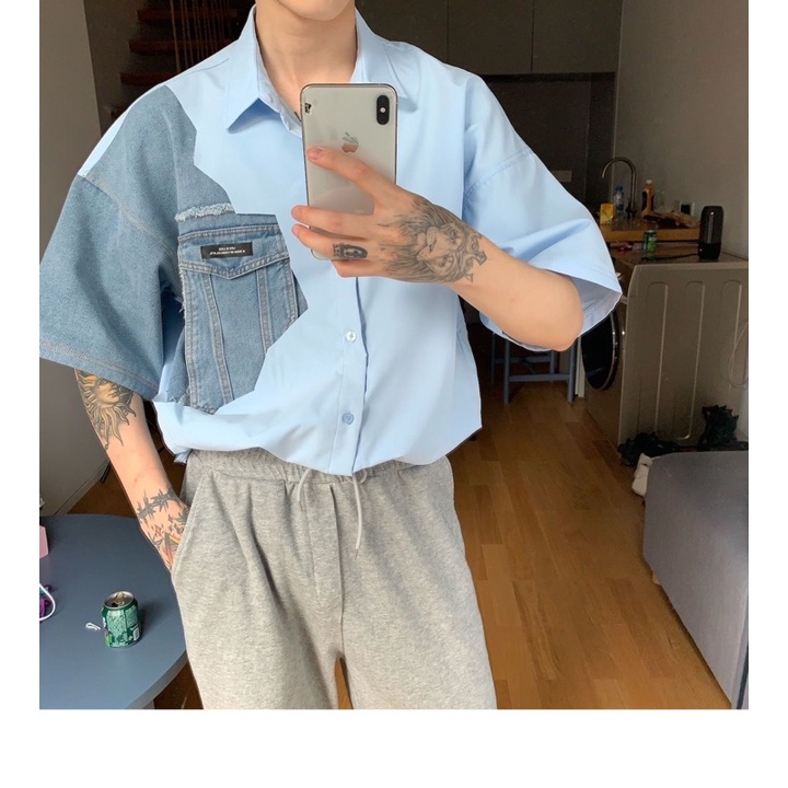 Áo sơ mi hàn quốc xẻ tà cho nam - tay lửng phối jean rách phong cách unisex
