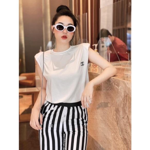 set áo tay hến tag chaleo mix quần suông kẻ cho nữ
