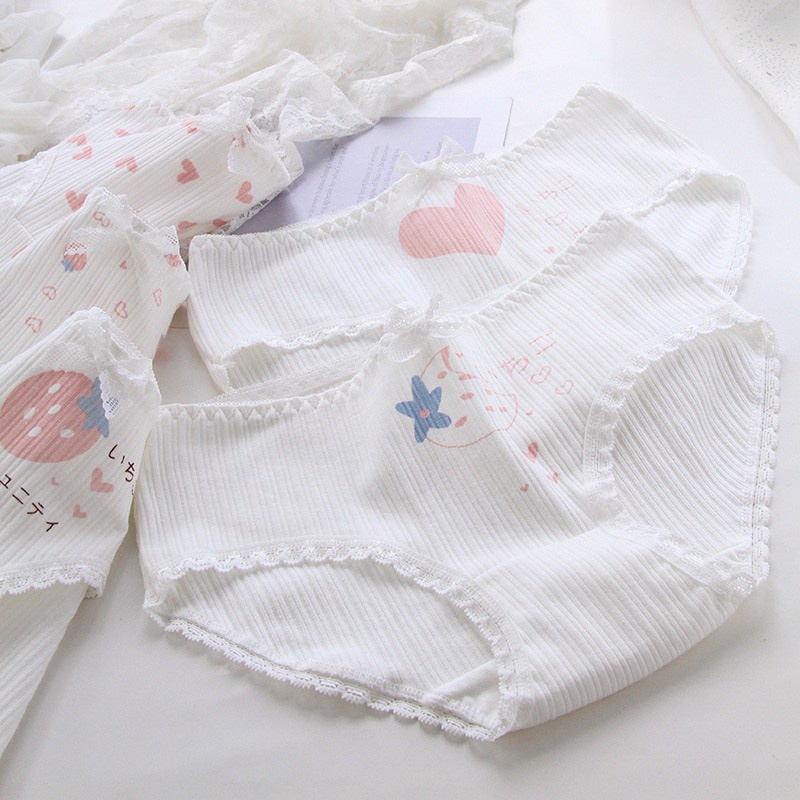 Quần Lót Nữ - Quần Lót Nữ Cotton tông trắng gân hồng đáng yêu DAN STORE Mã 0749