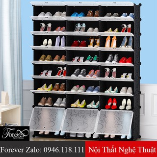 Tủ giày nhựa lắp ghép thông minh 24 ô (21 ô nhỏ, 3 ô lớn) 141*147*37cm Màu đen - Nội Thất Nghệ Thuật Forever