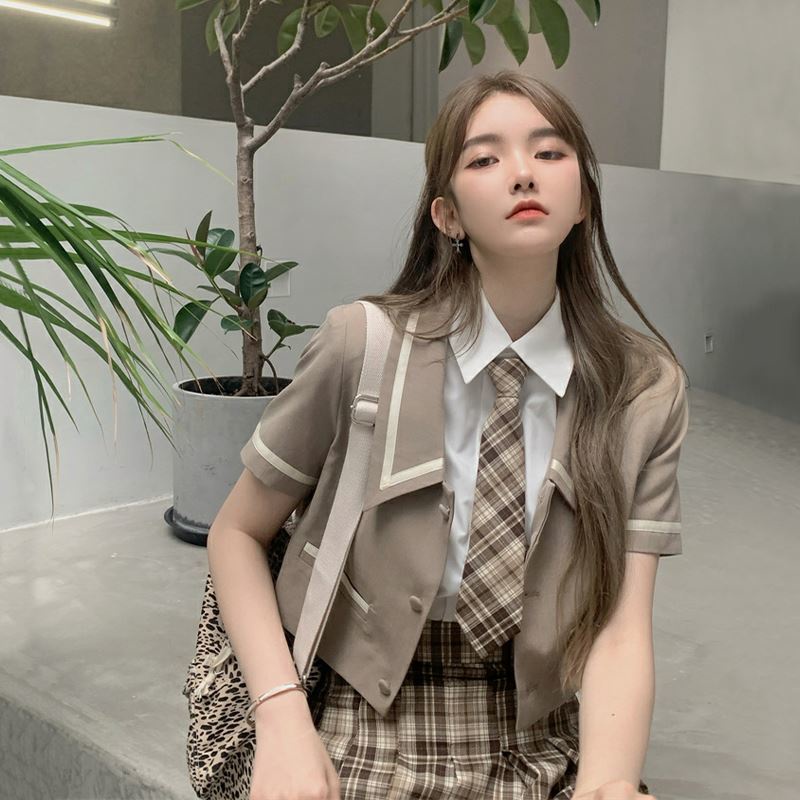 Cổ Phiếu Sẵn Sàng❣Bộ Trang Phục Hai Mảnh Gồm Áo Sơ Mi Cổ POLO Tay Ngắn Phong Cách Preppy Kèm Cà Vạt + Chân Váy Xếp Ly 2022 Thời Trang Mùa Hè Cho Bạn Gái