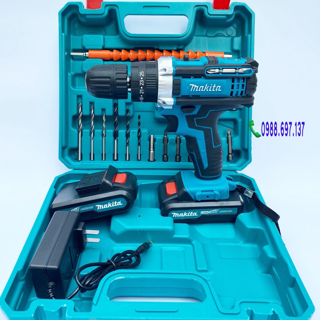 Máy khoan pin 56V Makita 3 chức năng có búa khoan-bắn-vít - Tặng kèm 24 chi tiết gồm các mũi khoan dễ dàng sử dụng