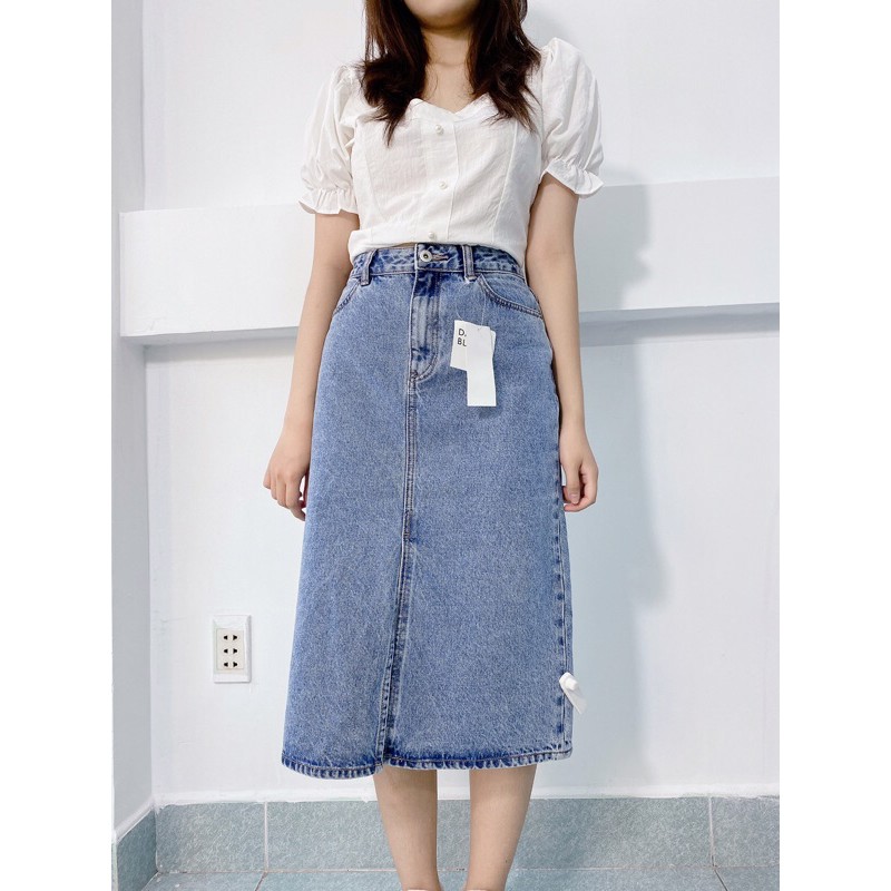 Chân váy jean dài lưng cao dáng A xẻ tà phong cách Hàn Quốc có bigsize | BigBuy360 - bigbuy360.vn