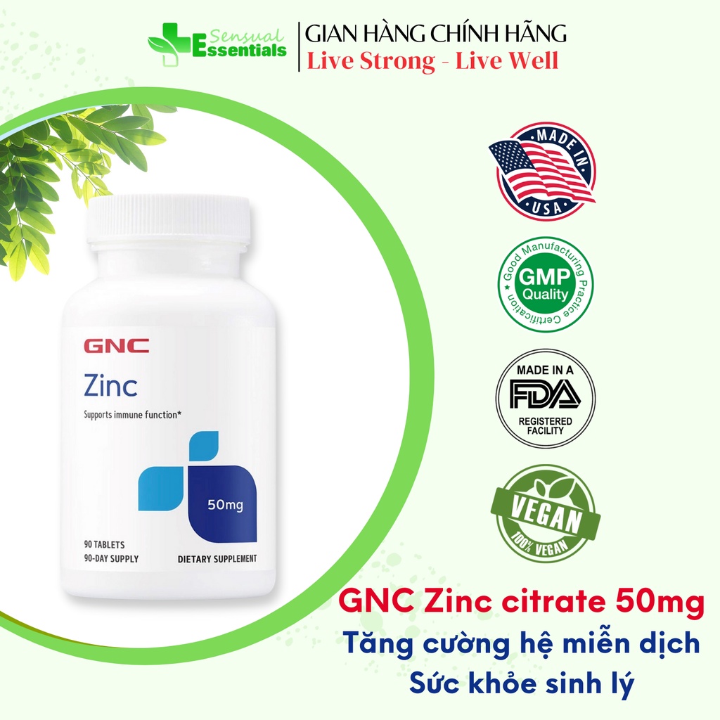 GNC ZINC CITRATE 50mg-Viên uống bổ sung kẽm citrate hấp thụ nhanh, hỗ trợ miễn dịch, sinh lý, mụn viêm