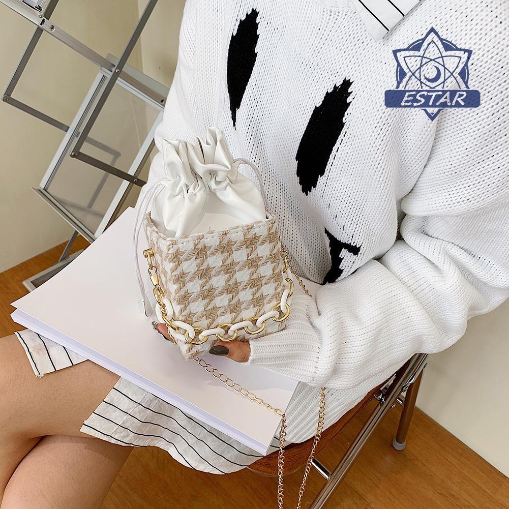 EE Retro Plaid Shoulder Bag Women Woolen Bucket Chain Small Messenger Handbag
