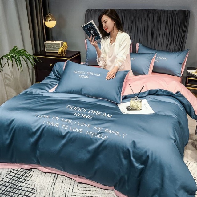 Bộ CHĂN GA GỐI COTTON 100%( Thêu GUGCi Dream) phối màu đơn sắc MẪU MỚI NHẤT 2020 -> được chọn màu