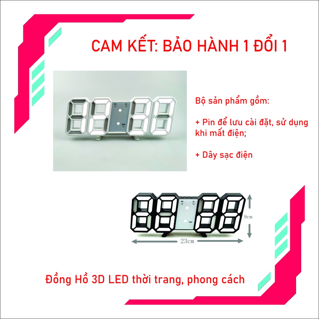BH 1 đổi 1 - Đồng hồ led 3D treo tường, để bàn phong cách Hàn Quốc, thông minh có báo thức, báo nhiệt độ.