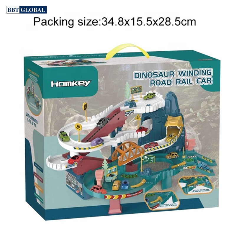 Mô hình đường đua kỳ thú đường hầm khủng long kết hợp Garage ô tô 5 tầng có đèn và nhạc - Babycuatoi