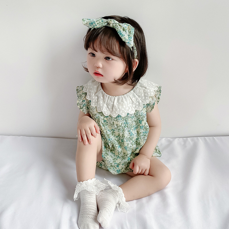 Áo liền quần và băng đô in hoa xinh xắn dễ thương cho bé gái